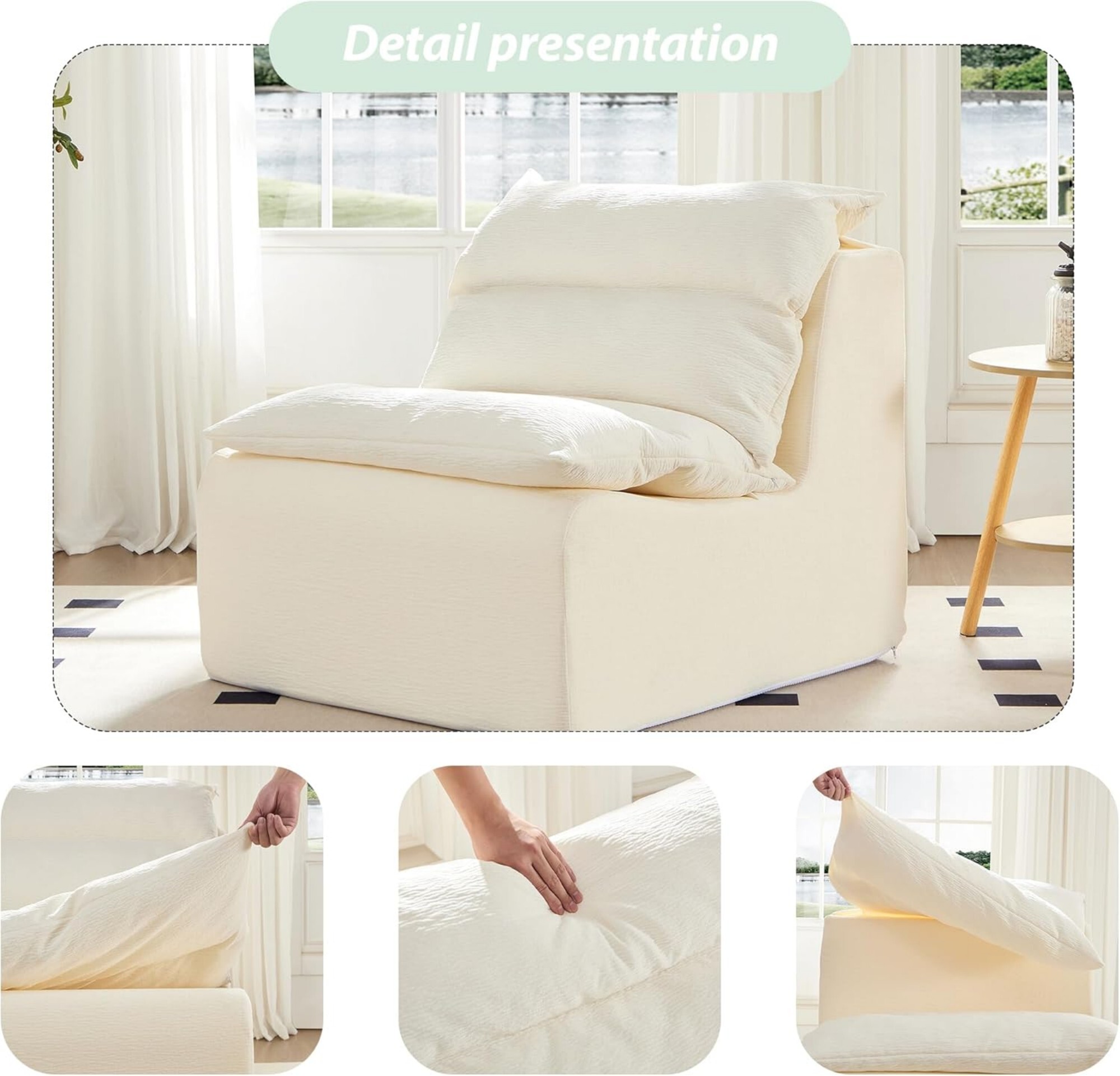 AENKYO Modern Accent Lounge Chair, Comfy Armless Foam Lazy Sofa with Washable Cover, Living Room & Bedroom, Cream White