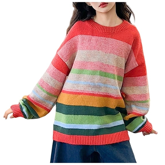 Gubotare Girls Winter Sweaters Long Sleeve Round Neck Color Block Striped Casual Loose Lightweight Fall Spring Cozy Tops Size 13-14 (Multicolour,13-14 Years)