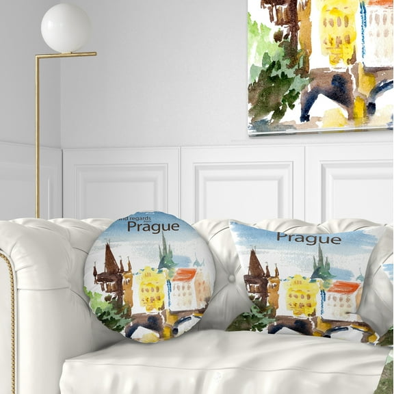 Designart Old Prague Vector Illustration - Cityscape Painting Throw Pillow - 12x20