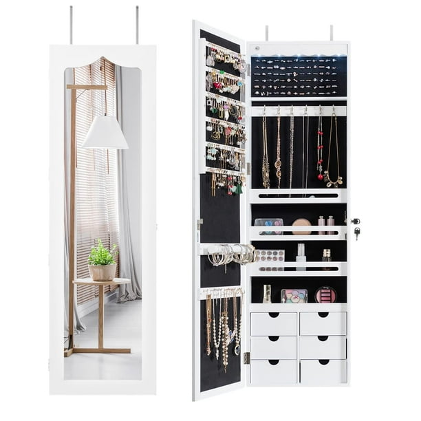 Espejo de Pared con 6 Cajas de Almacenamiento | Joyero Organizador con LED para Dormitorio y Guardarropa, 120x37x8.7 cm(Blanco)