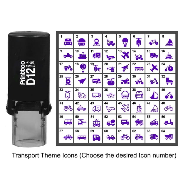 Printtoo Personalized Transport Theme Icons Round Rubber Stamp Self Inking Stamper 12 mm-Violet