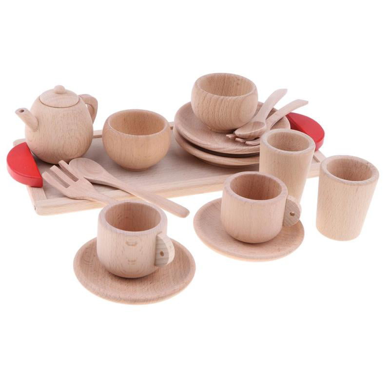 Wooden Tea Set Teapot Tea Cup Spoon Fork Tea Party Pretend Play Toy for Children 