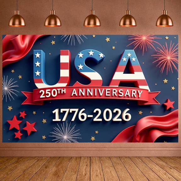 Red White Blue USA 250th Anniversary Banner Neon Lettering Patriotic Backdrop Fireworks Design for Patriotic Gathering National Holiday Party USA Anniversary Event