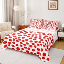Feelyou Simple Polka Dot Queen Sheet Sets, Chic Brush Artwork Flat Sheet, White Red Cartoon Queen Fitted Sheet, Ultra Soft Bedroom Decor, 4 Pieces