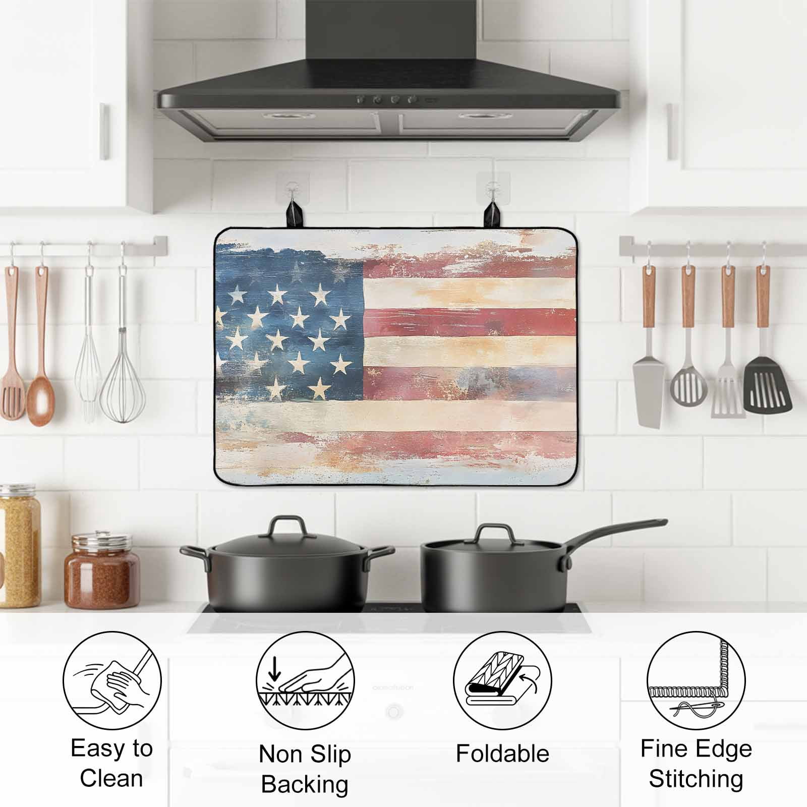 American Flag Stove Top Cover for Electric Stove, Heat-proof & Non Slip Glass Top Stove Cover Protector, Rustic Star Stripes USA Flag Retro Kitchen Flat Cooktop Rubber Mat 24x21 Inches