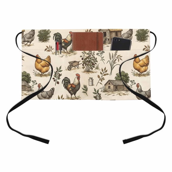 Rustic Roosters Kitchen Restaurant Half Waist Apron, Farmhouse Hen Nests Country Beige Server Short Apron with 3 Pockets Waterproof Oil Waist Aprons for Women Waitress Waiter