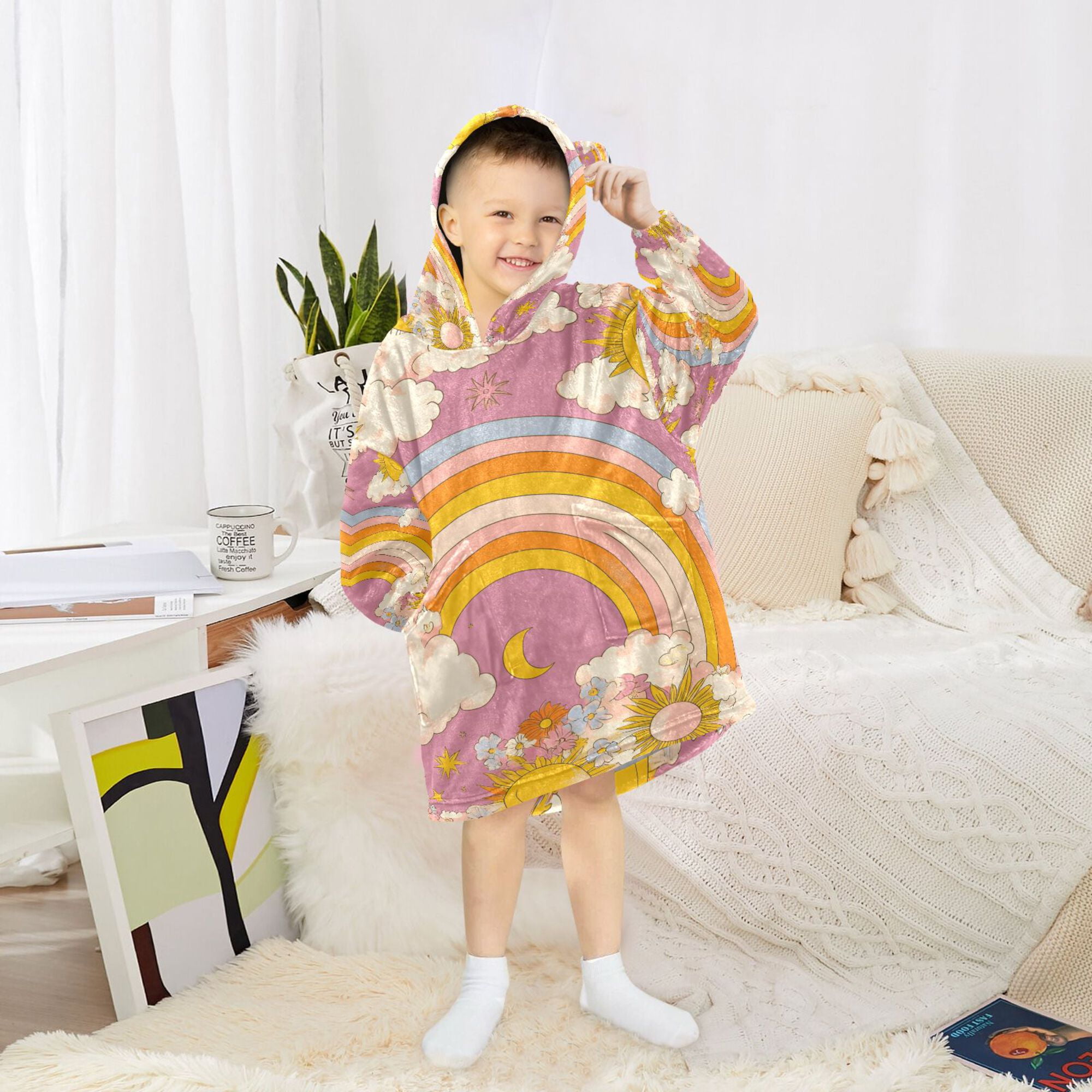 FORMRS Wearable Blanket Hoodie with Sleeves for Kids Cozy Flannel Sweatshirt, Purple Retro Rainbow