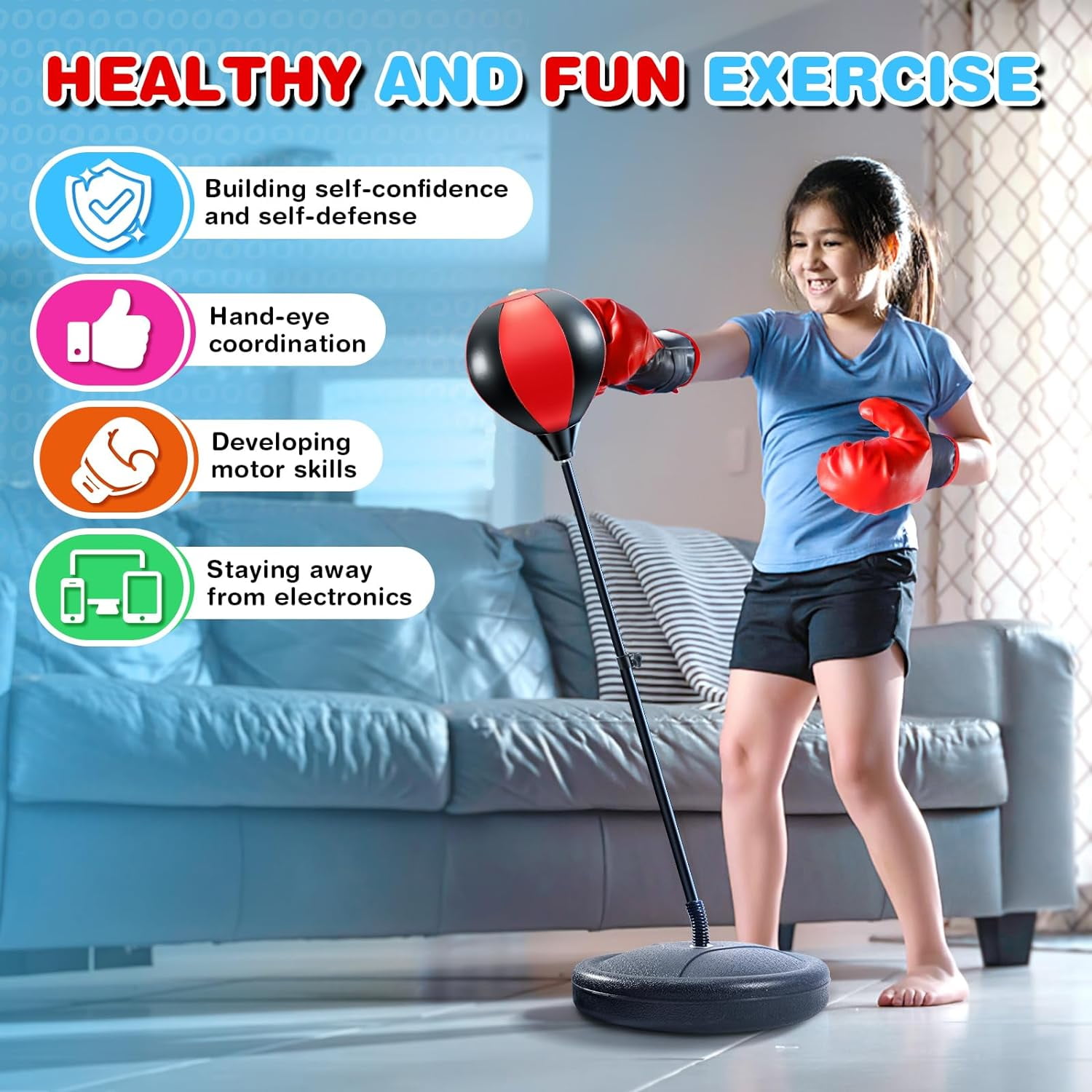 EOTVIA Punching Bag for Kids, Freestanding Boxing Set with Junior Gloves, 41 Inch Height Adjustable Punching Bag with Stand, Sport Game Toys for Boys Girls 3-10 Years Perfect for Exercise and Fitness