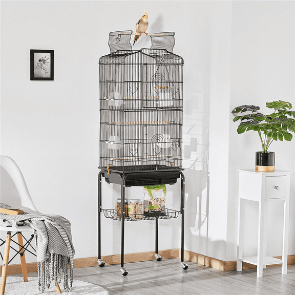 Yaheetech 64"H Open Top Metal Bird Cage Rolling Parrot Cage w/ Double Doors for Budgie Parrot Canary Cockatiel, Black