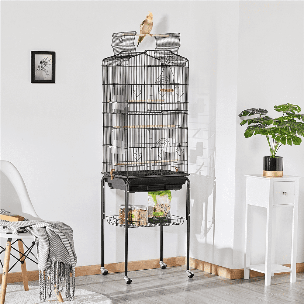 Yaheetech 64"H Open Top Metal Bird Cage Rolling Parrot Cage w/ Double Doors for Budgie Parrot Canary Cockatiel, Black