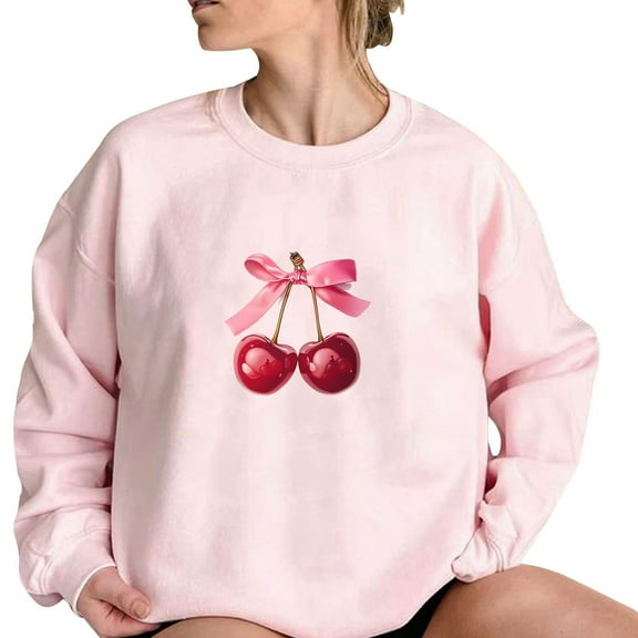 YUGYXL Cute Sweatshirt for Women Cherry Bow Print Long Sleeve Kawaii Pullover Oversized Loose Teen Girl Preppy Clothes Pink L