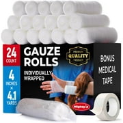 Premium Gauze Rolls - 24 pack - 4" x 4.1yd Individually Wrapped + Bonus Tape - First Aid Conforming Rolled Gauze