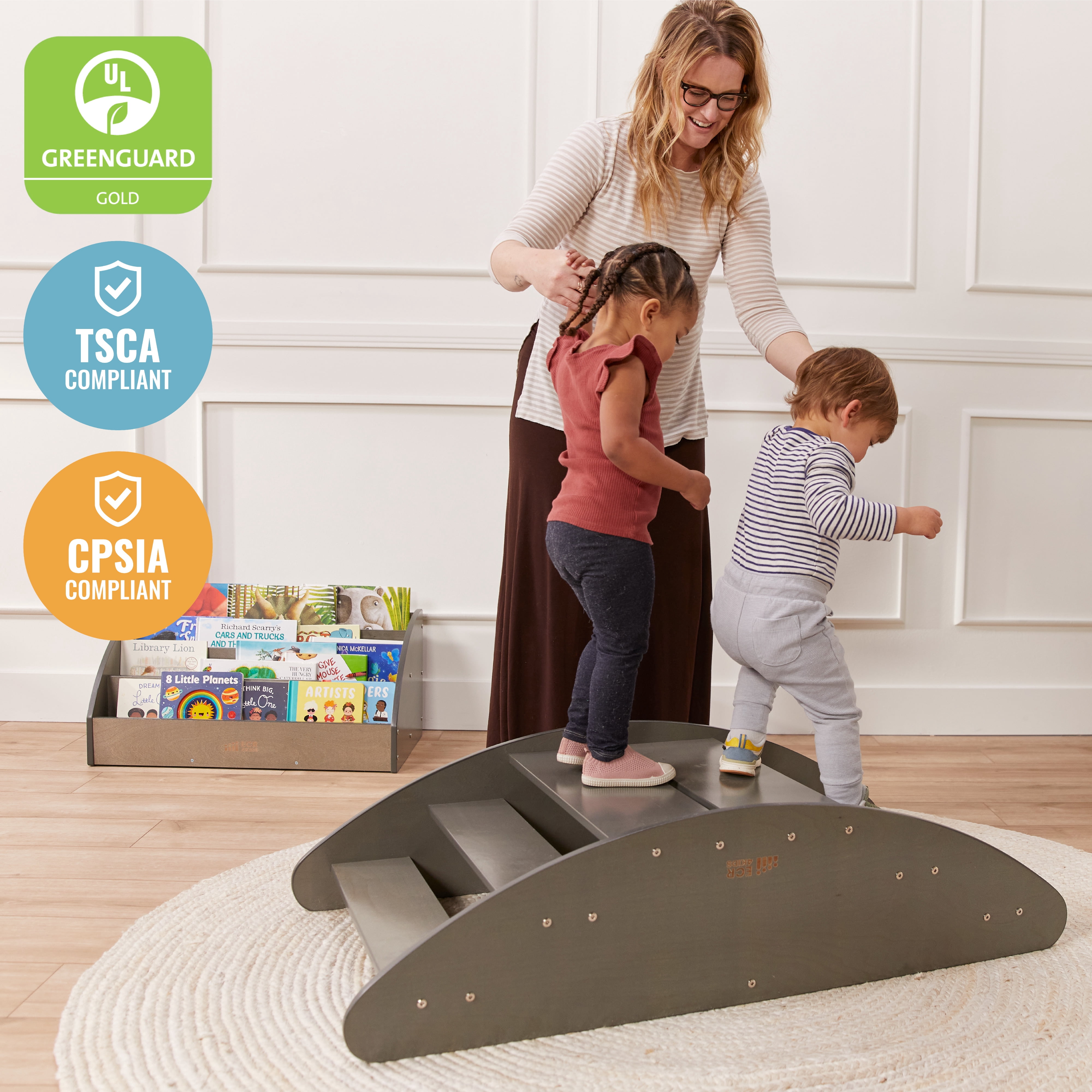 ECR4Kids Wooden Rocking Boat and Steps Play Center, Montessori Furniture, Grey Wash