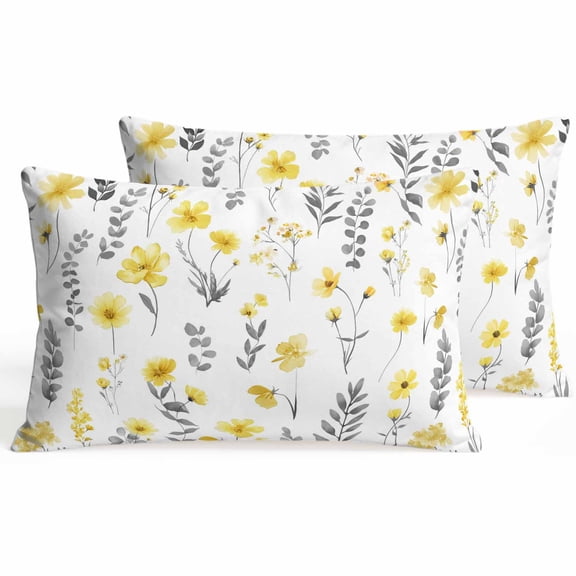 Set of 2 Yellow Floral Pillow Covers 12x20 Inch, Gray Leaf Watercolor Botanical Spring Decorative Throw Pillow Cases Cotton Cushion Covers for Sofa Couch Bed Living Room Bedroom Home Decor