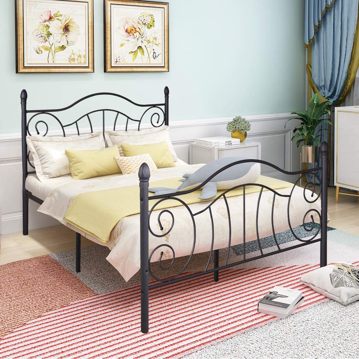 Sturdy Metal Bed Frame with Vintage Headboard and Foodboard Base Bed