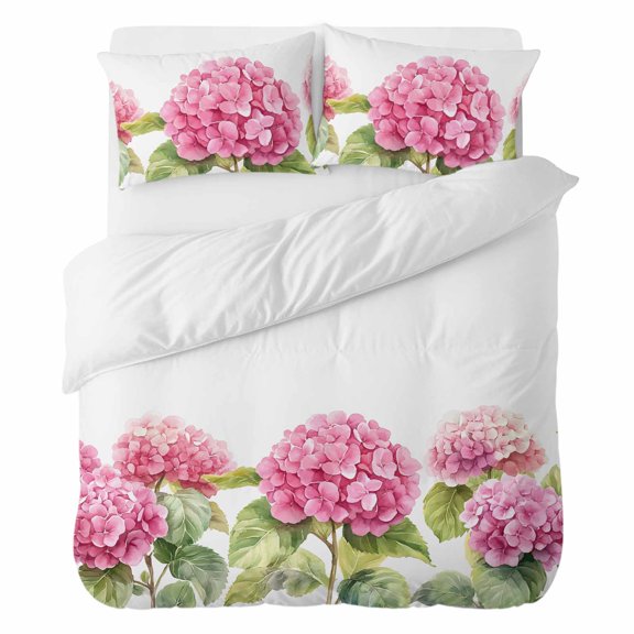 Spring Florals Twin Duvet Cover Set 4pcs Pink Hydrangea Soft Cozy All Season Bed Sheet Set, 1 Duvet Cover 1 Sheet and 2 Pillowcases (No Comforter)