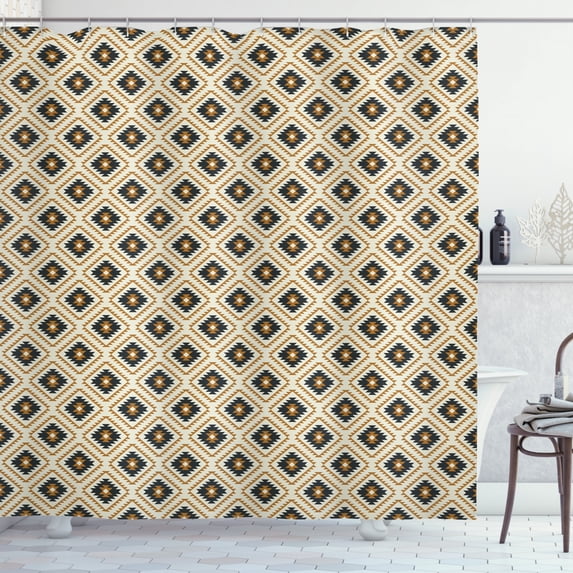 Aztec Shower Curtain, Traditional Arabesque Inspired Ethnic Native Geometric Boho Mexican Pattern, Fabric Bathroom Set with Hooks, 69W X 84L Inches Extra Long, Black Amber Beige, by Ambesonne