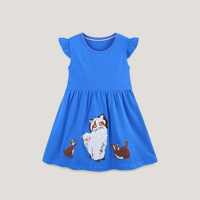 Culottes pour Femmes Filles Tout-Petits Robe Décontractée à Manches Courtes Été Printemps Appliqués de Dessins Animés Tenue de Jeu Chemise Basique Robes en Jersey 6 Ans Bleu