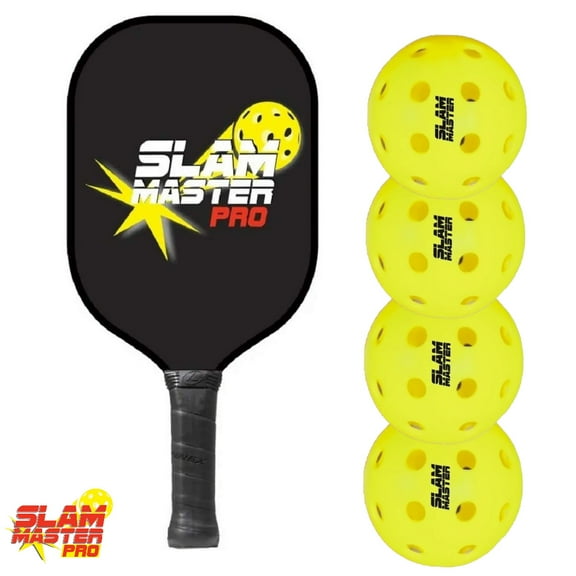 Slam Master Premium Pro Graphite Pickleball Paddle & 4 Lifetime Replacement Guarantee Pickleball Balls – Pickle Ball at Its Best for All Ages & Levels – Tournament or Rec. Play (1 Paddle, 4 Balls)