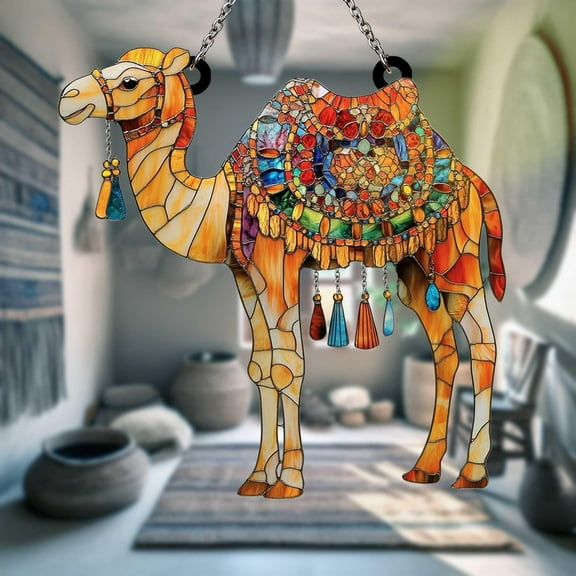 Bohemian Camel Faux Stained Glass Suncatcher â€“ Vibrant Acrylic Window Hanging with Tassels and Beads, Unique Animal Decor for Travel Lovers