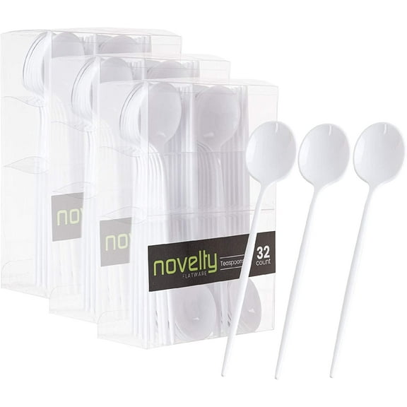 FREEAMG Novelty Modern Flatware, Cutlery, Disposable Plastic Teaspoons/Dessert Spoon Luxury White 64 Count