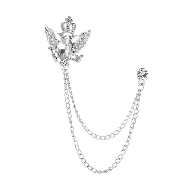 Broche de traje con cadena, prendedor de solapa, broche de águila de aleación, broche de solapa para hombre Plata y blanco