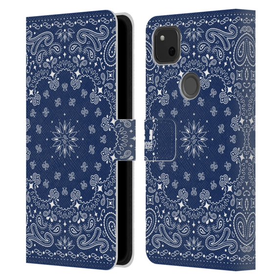 Head Case Designs Classic Paisley Bandana Blue Leather Book Wallet Case Cover Compatible with Google Pixel 4a