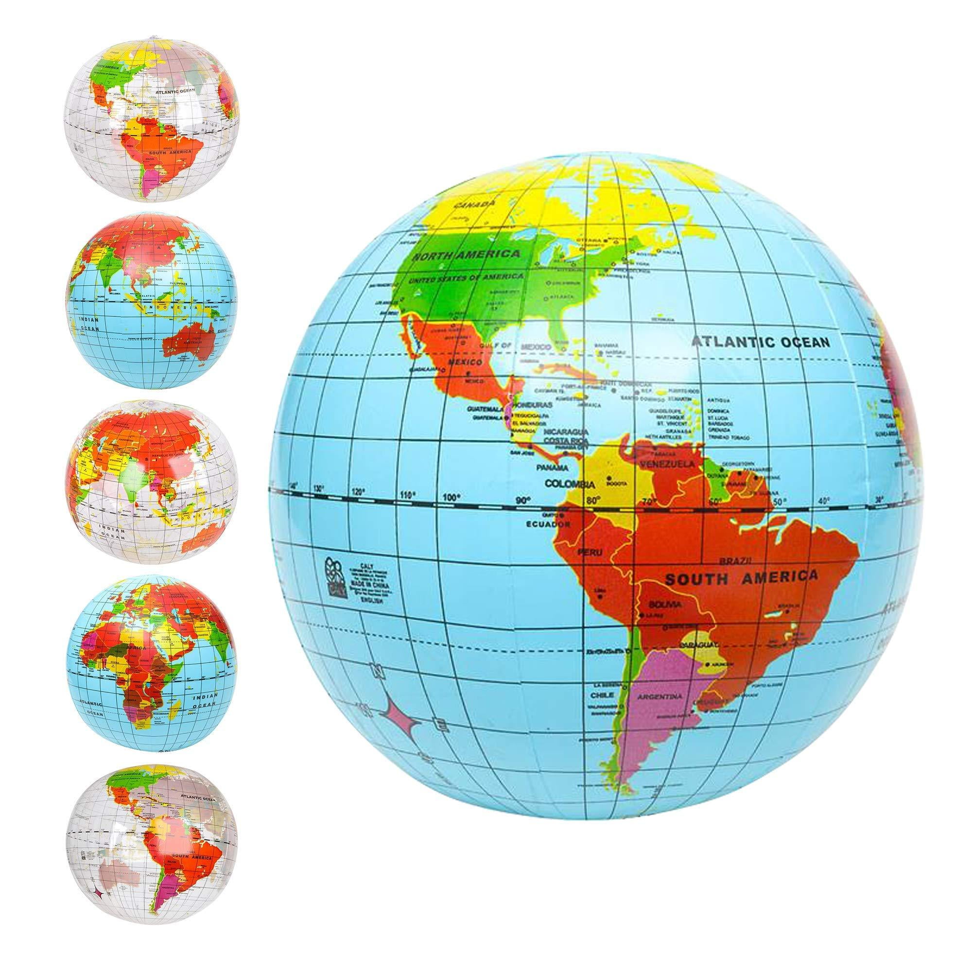 by ArtCreativity Print Blue and Clear Set of 6 Inflatable World Globe Ball Set Colorful Earth Map 12-16 Inflattable Beachball for Pool Summer Fun Toys for Kids Learning & More 
