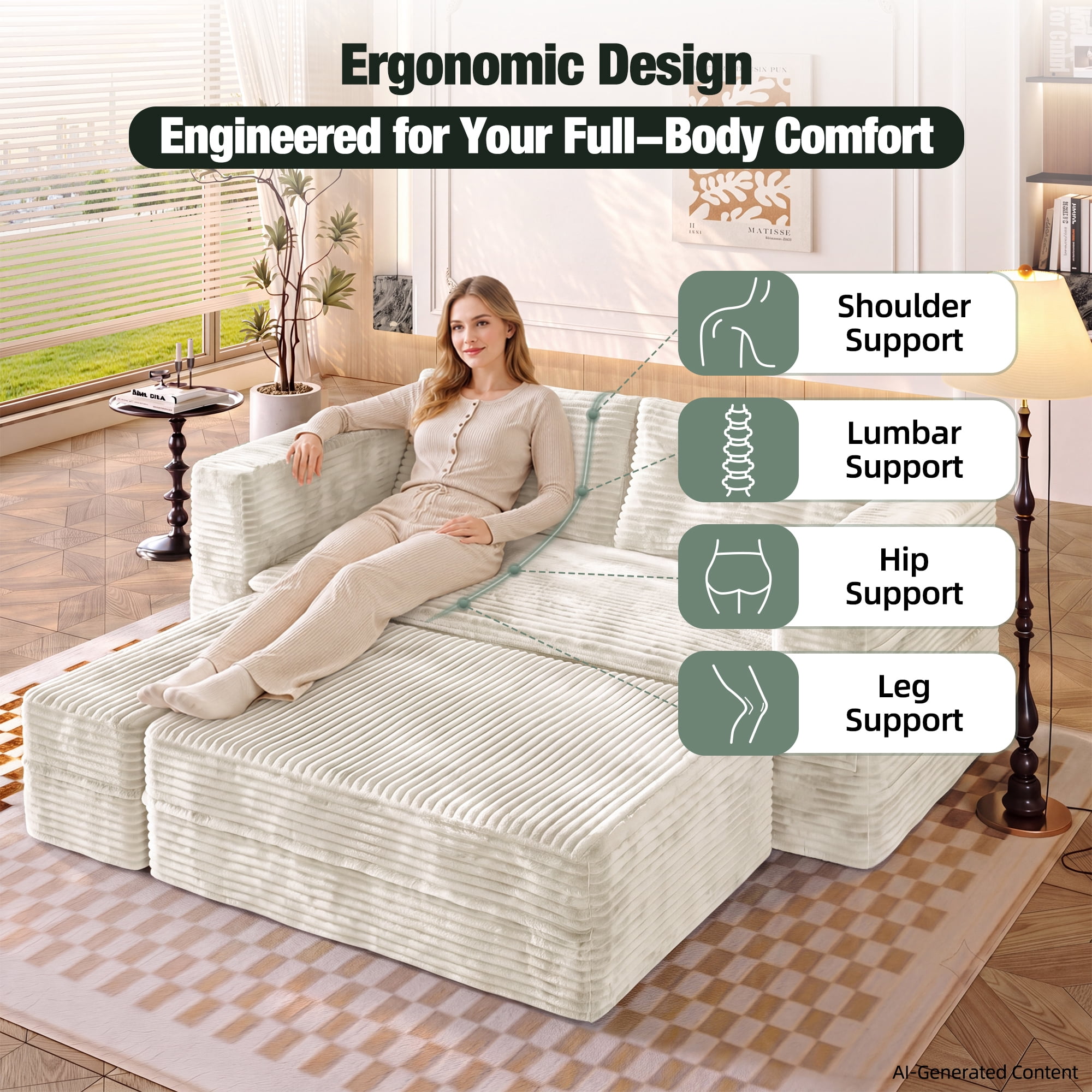 HOQBN 80" King Size Sleeper Sofa Bed, Plush Corduroy Deep Seat Sofa Couch with Independent Chaise and Functional Blanket for Living Room, Bedroom Beige+White