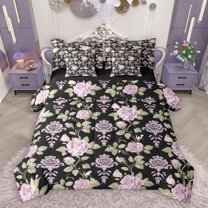 Homewish Baroque Damask Floral 7 Pieces Bedding Comforter Set,Rustic Flower Full Bedding Set,Pink Black Fitted Sheet Flat Sheet For Girl,Ultra Soft Bedroom Decoration Reversible