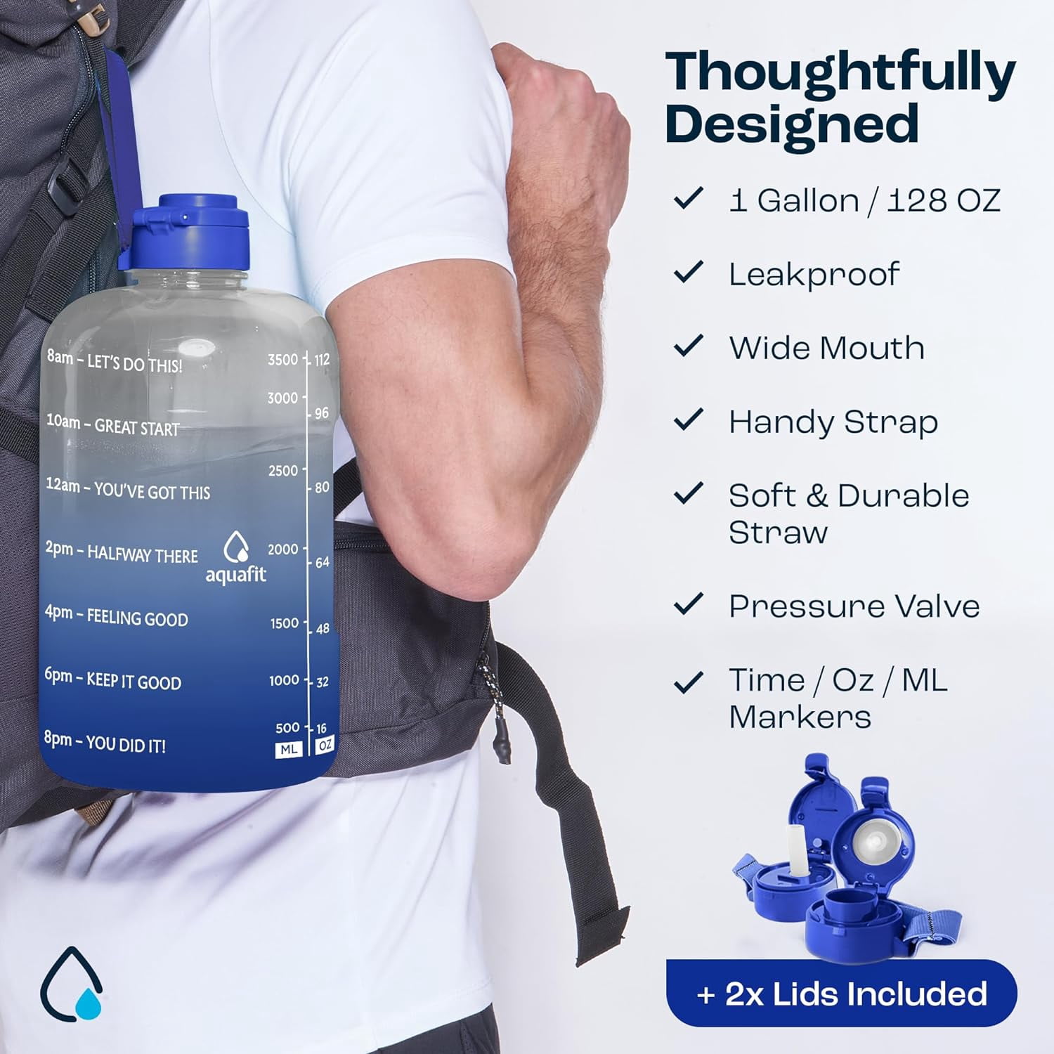 AQUAFIT - Water Bottle with Straw - Motivational Big Water Bottle with Time Marker - 1 Gallon, Blue Fade