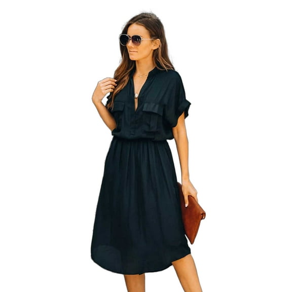 Casual Black Tunic Beach Cover Up Elegant V-neck High Waist Summer Beach Dress Women Beachwear Swimsuit Cover Up