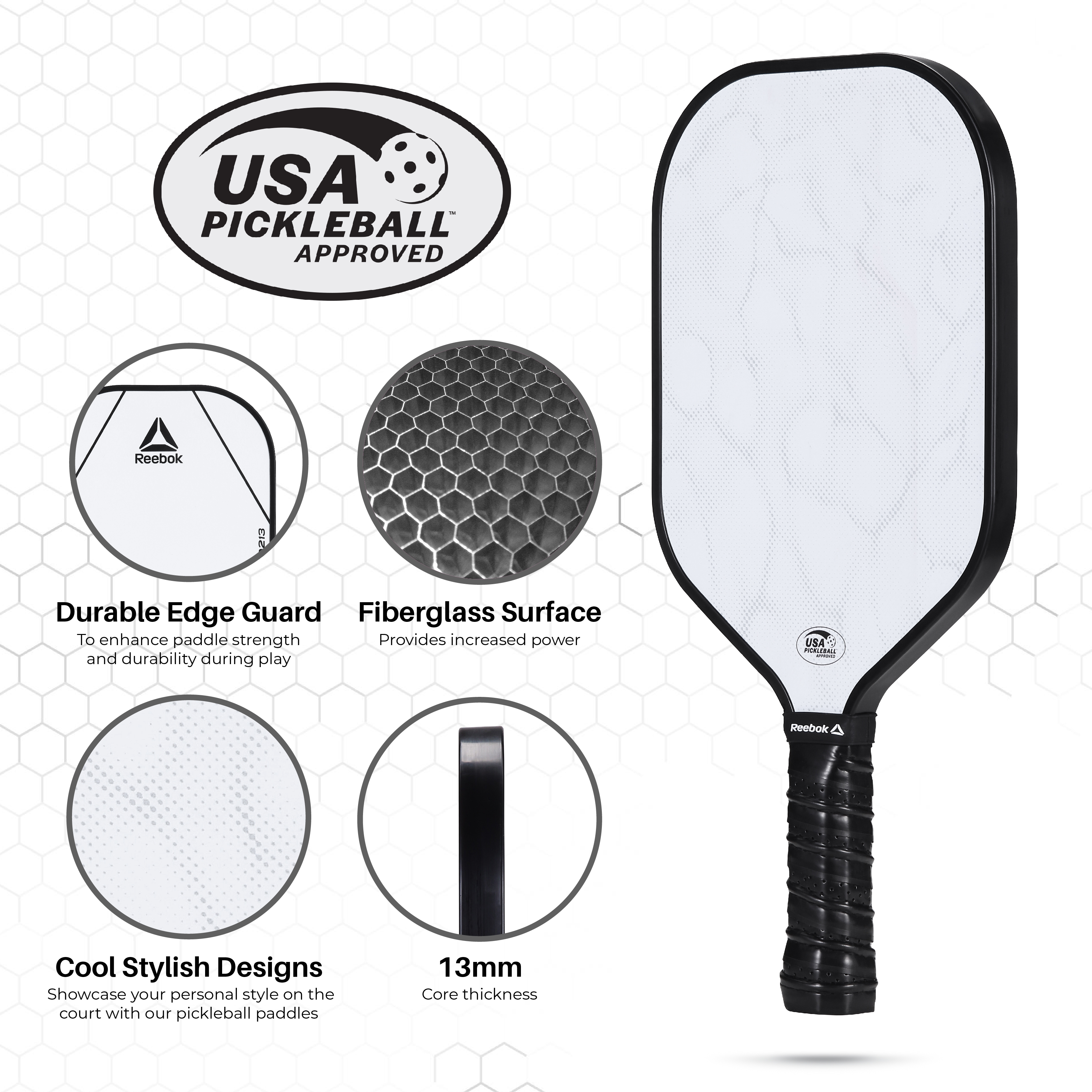 Reebok Lightweight Fiberglass Pickleball Paddle, White photo 3