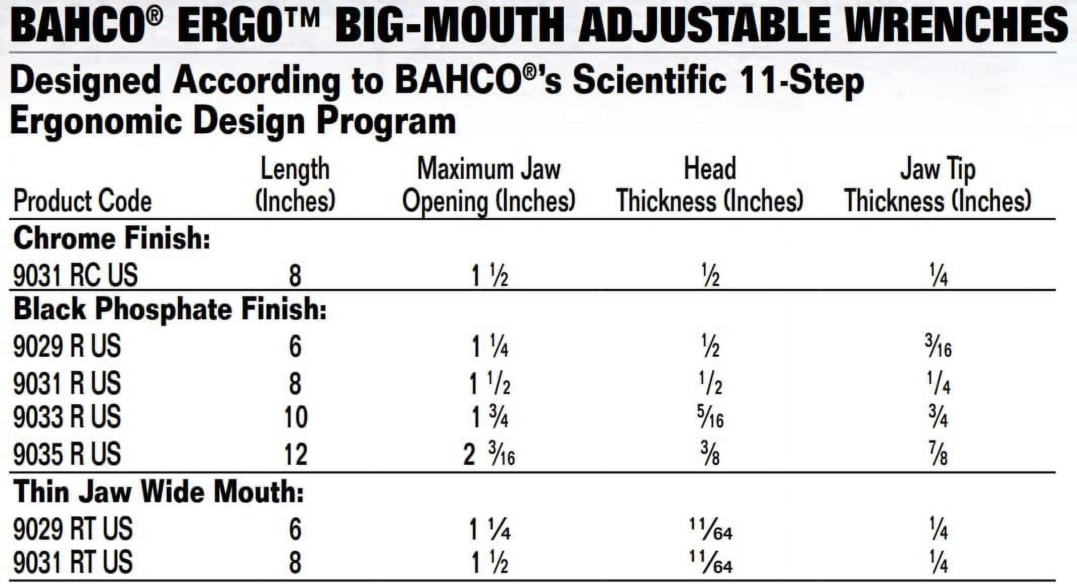 6" BAHCO® Ergo™ Big Mouth Adjustable Wrench, Black Phosphate Finish & Wider Cushioned Grip Handle. Extra Wide Opening, Slim Head, Tapered Jaws & Measurement Scale On Head. Williams® # BAH9029RUS