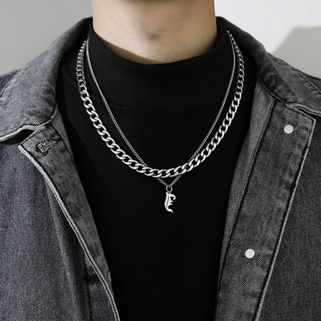 Punk Friends Gift Sweater chain Couple Necklace Thick Chain Men Women Titanium Steel Necklace Men Clavicle Chain Korean Style Necklace Cuban Letter Necklace F