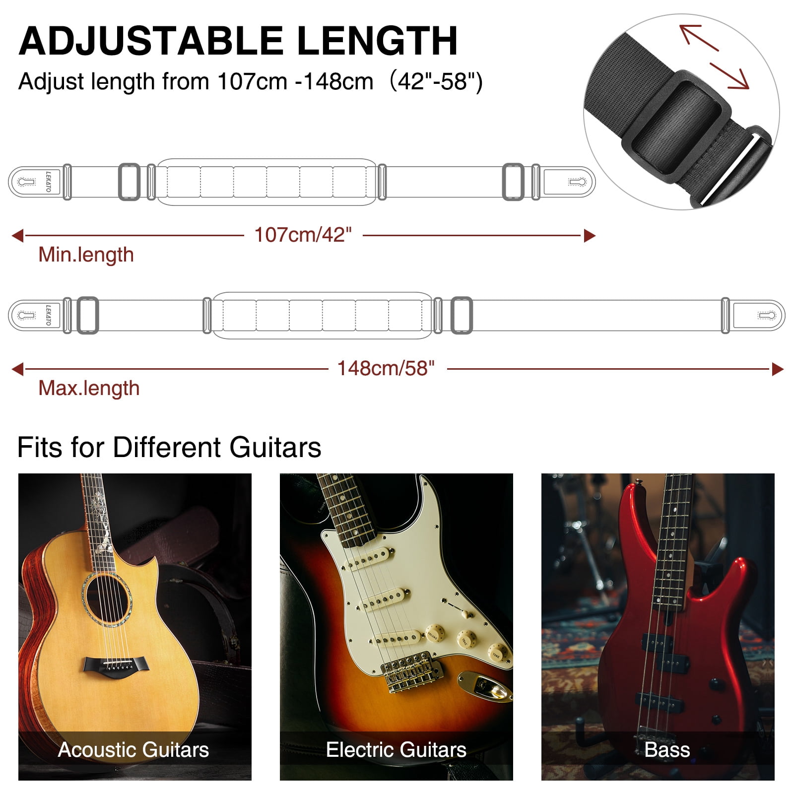 LEKATO Guitar Strap Bass Straps for Electric Guitar with 3.3" Wide Sponge Pad for Effective Decompression Padded Bass Guitar Straps Adjustable Length from 42" to 58" with 2 Safety Locks & 6 Picks