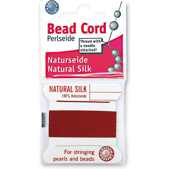 Griffin - Silk Bead Cord Perlseide - Garnet Color - Size 5 (0.65mm) - 2 Meters per Card - Stainless Steel Needle Attached - for Knotting Pearls, Gemstones, Crystals and Beads