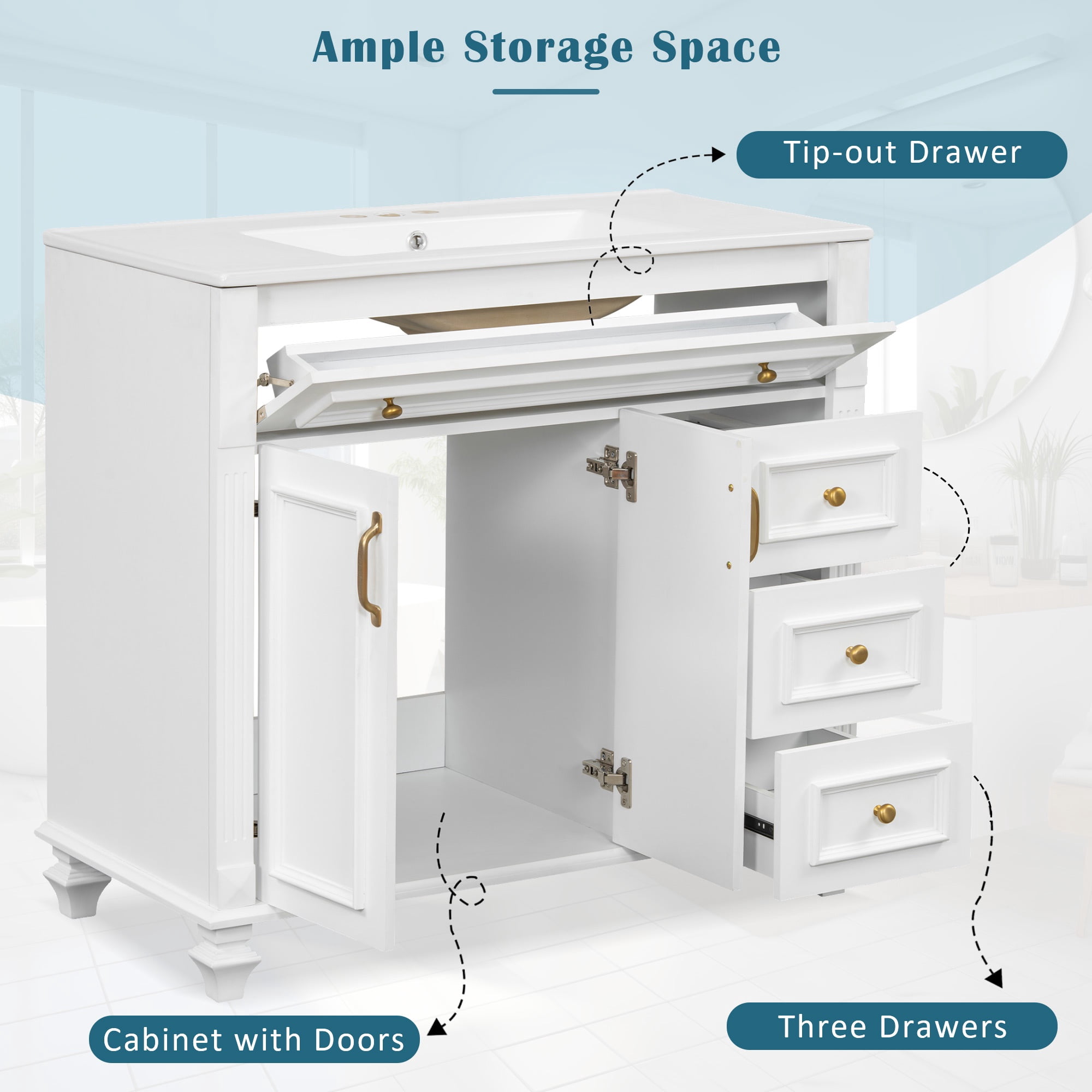PORKISS 36" Bathroom Vanity with Ceramic Sink, Freestanding Bathroom Storage Cabinet with Flip-Out Drawer, 3 Drawers and 2 Doors, Wood Bathroom Vanity Cabinet with Gold Hardware, White