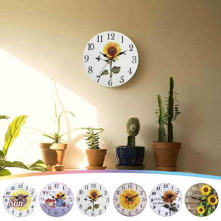 Reduce!Herrnalise 12 Inch Beautiful Sunflower Wall Clock, Vintage Country Floral Silent Non Ticking Clocks, Wooden Round Easy to Read Wall Clock for Kitchen/Living Room/Bedroom/Bathroom