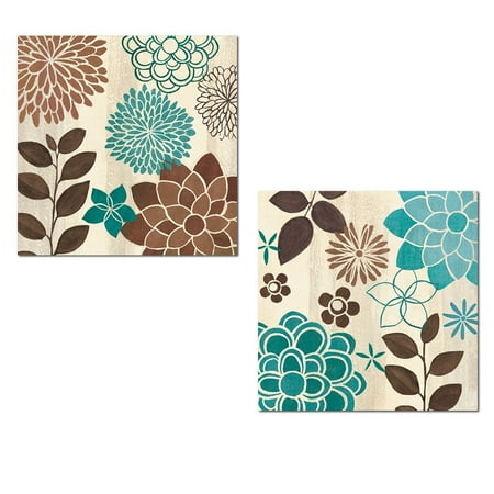 Beautiful Turquoise and Brown Flower and Leaf Print Set by ...