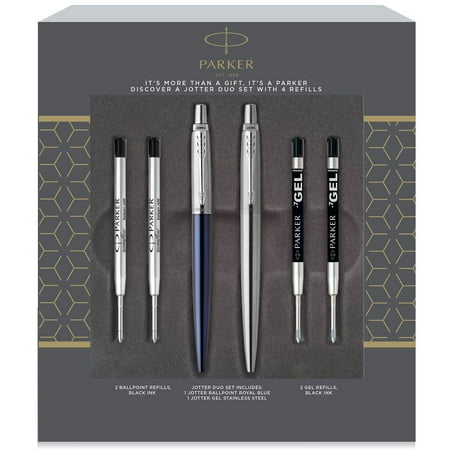 Parker Jotter Ballpoint Pen and Gel Pen Duo Gift Set, Includes 2 Ballpoint Refills (Black Ink), 2 Gel Refills (Black