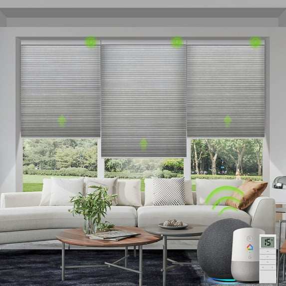 Yoolax Smart Motorized Cellular Shade Light Filtering Automatic Honeycomb Blind Cordless Single Cell Electric Shades(Half Shading Grey,39"W x 72"H)