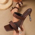 thumbnail image 4 of Kitten Heels for Women Braided Band Stiletto Sandals Square Open Toe Slip on Mules Solid Color Summer Casual Slides Brown Size 6, 4 of 7