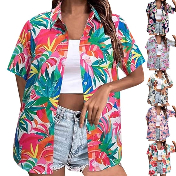 Womens Summer Tops BWASD Summer Floral Printed Short Sleeve Collared Button Down Shirt V Neck Blouse T Shirt Go Out Travel Vacation Fashion (Red L)