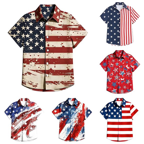 VOUZZA Boys 4th of July Button Down Short Sleeve Shirt Kids Patriotic American Flag Independence Day Graphic Print Hawaiian Beach Camp Top Size 5-17