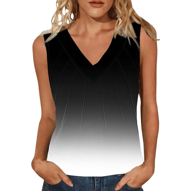 Mujeres sin mangas Tops de verano gradiente color fuera de posición impresión V-cuello blusa casual Mujeres V-cuello de verano Tops