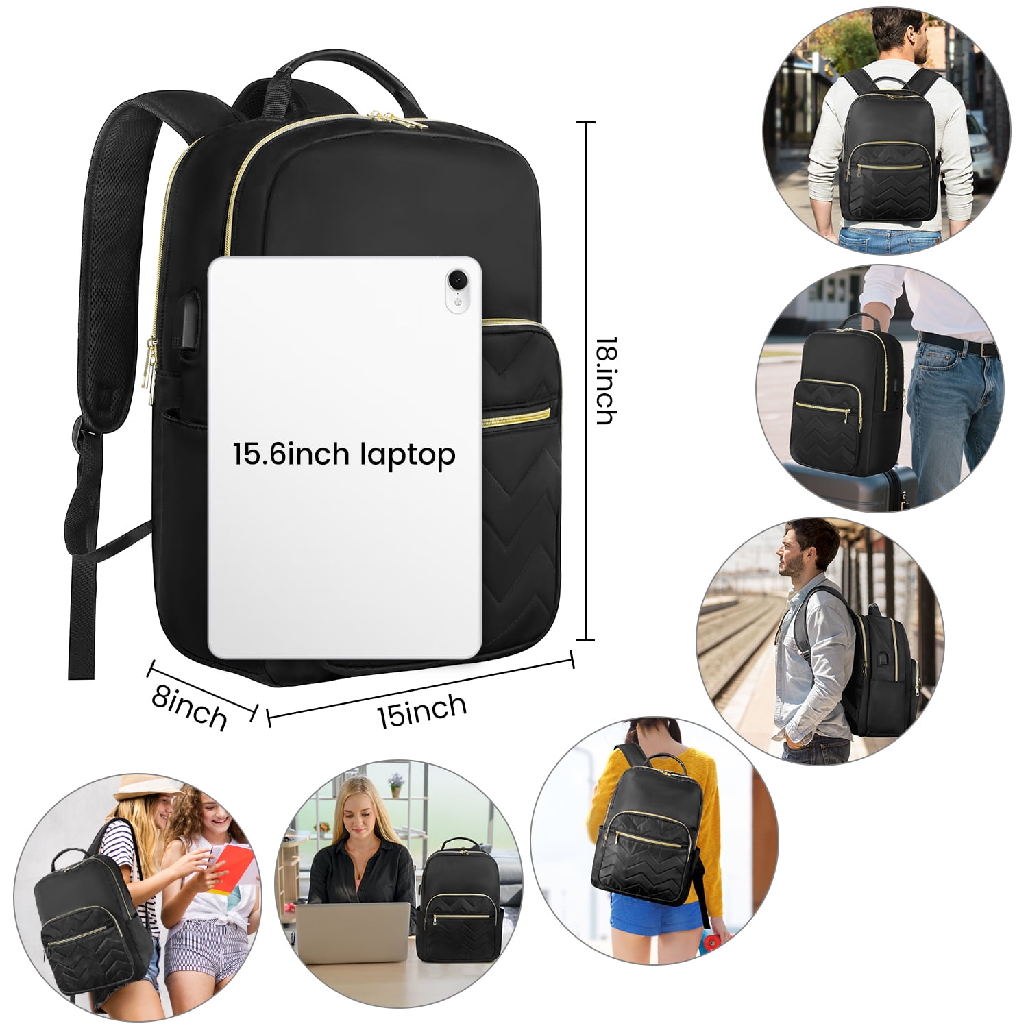 CshidWorld Laptop Travel Backpack, Water Resistant College Work Backpack for Men/Women Laptop Bag with USB Charging Port, Fits 15.6 Inch Laptops, Black