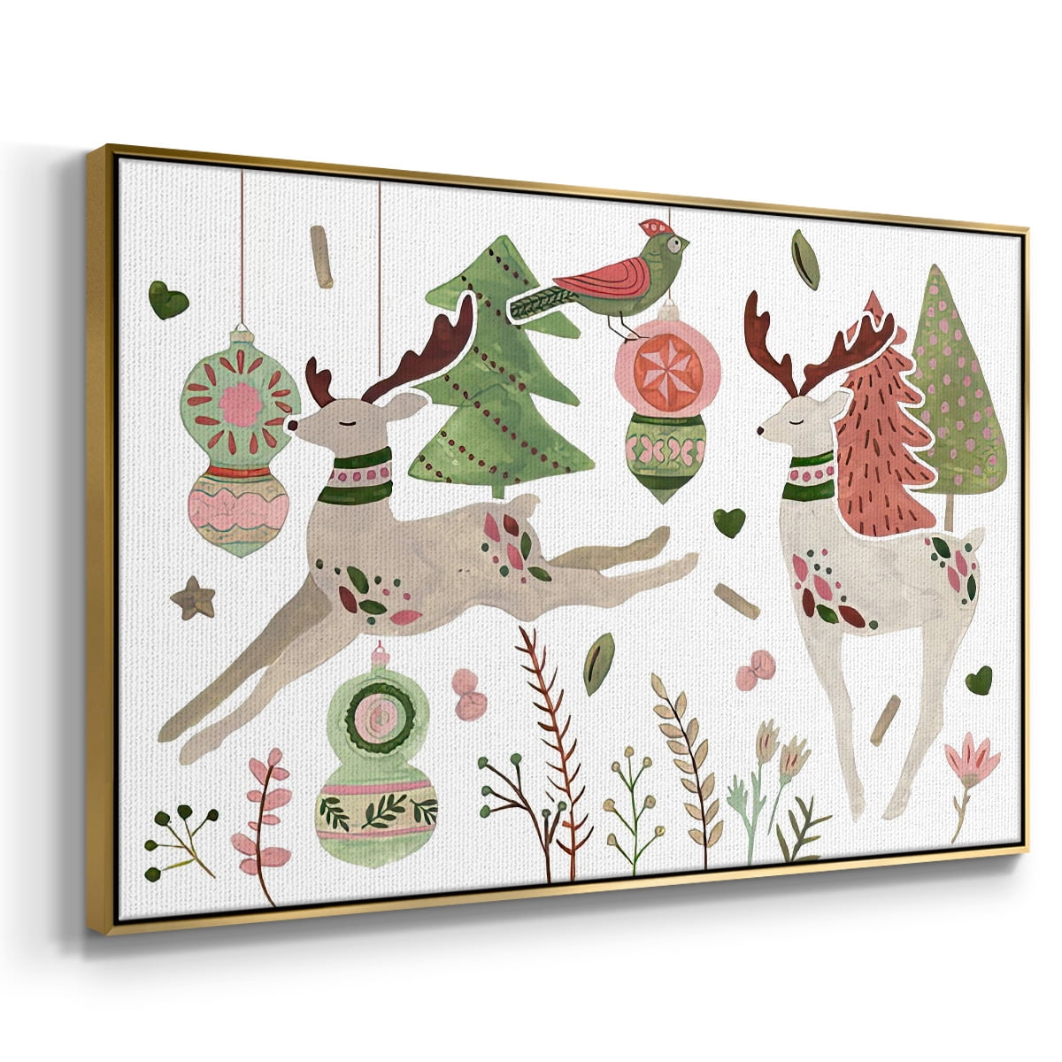 Reindeer Wishes Collection A - Framed Gallery Wrapped Holiday Canvas - 27 x 41 - Gold Frame
