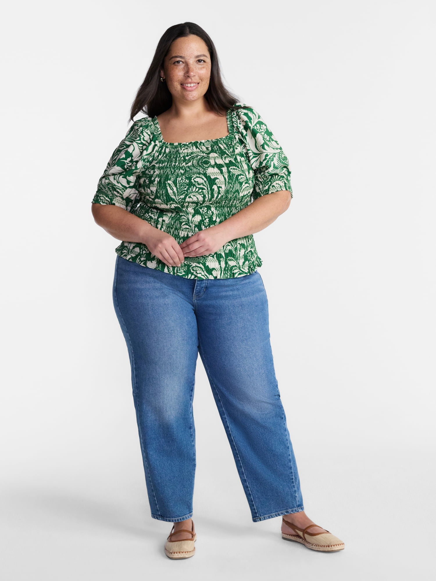 Terra and Sky Women’s Plus Smocked Blouse with Elbow Length Sleeves, Sizes 0X-4X