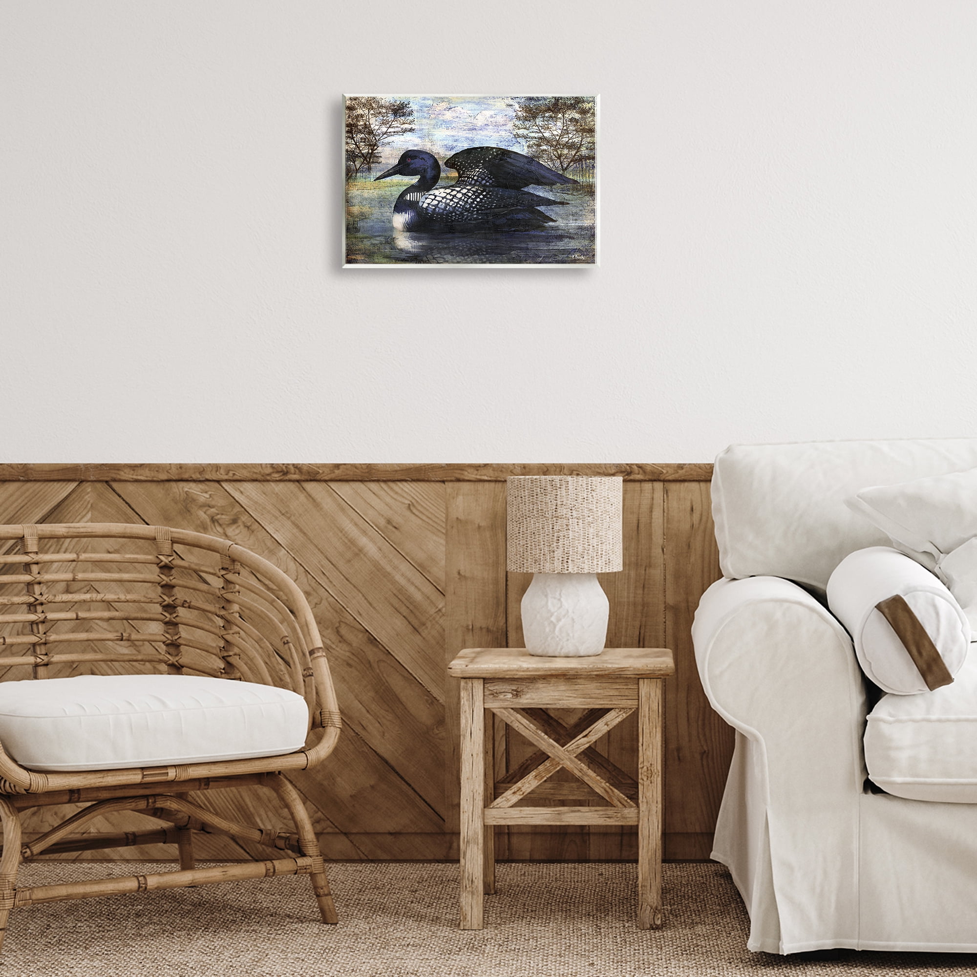 Stupell Industries Loon in Rustic Pond Animals Painting Unframed Art Print Wall Art, 15 x 10